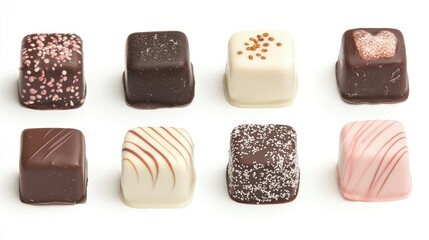 Eight assorted chocolate squares on white.