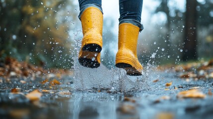 Joyful Jump in Autumn Puddle: Yellow Boots Splashing in Rainy Day Fun