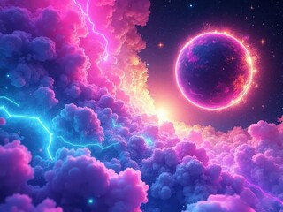 Fototapeta premium Space fantasy landscape with glowing planet and lightning for sci-fi concepts