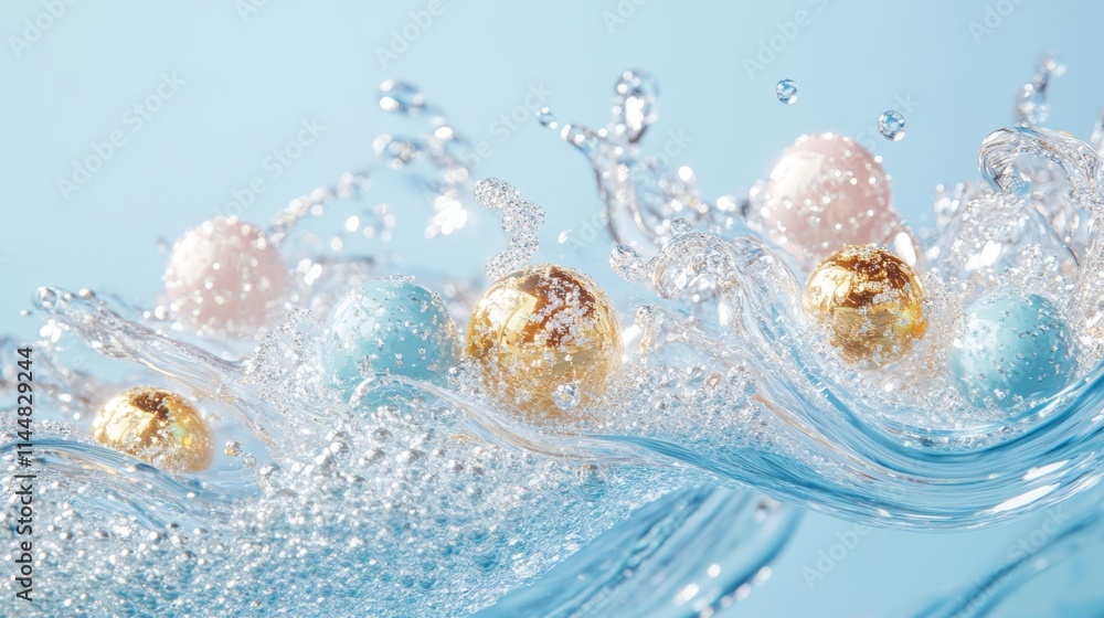 Poster pastel patterned balls making a refreshing splash, creating bubbles and ripples in clear water.