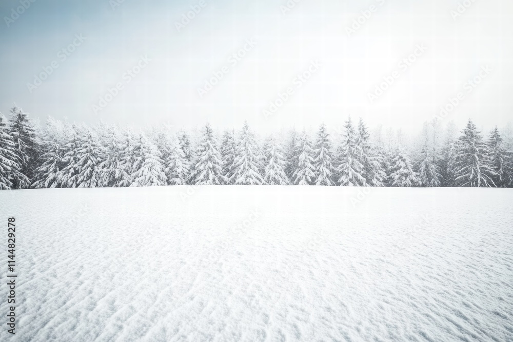 Poster an expansive field covered in snow, bordered by rows of snow-blanketed trees, presents a view of tra