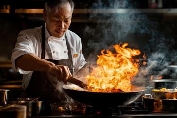 A skilled chef in a bustling kitchen uses a wok over open flames, exhibiting mastery of traditional cooking techniques with a display of fire and food artistry.