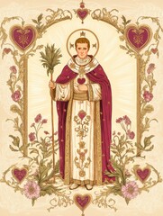 Generative AI Valentine's Day Illustration of Saint Valentine in Cartoon Style with Heart Motifs