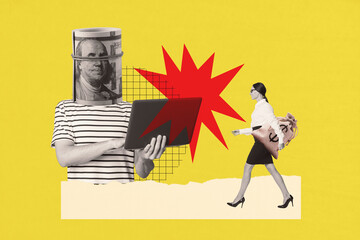 Collage design composite trend artwork sketch of team headless guy hold laptop lady walk hold money bag cash budget market trade currency