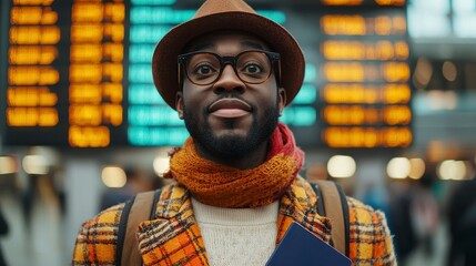 Traveler at airport terminal capturing cultural vibes urban environment portrait style joyful expression