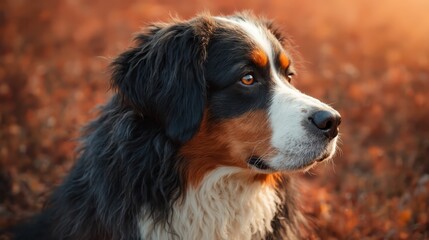 A close up of a dog sitting in a field of leaves