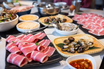 Assorted fresh ingredients for hotpot dining