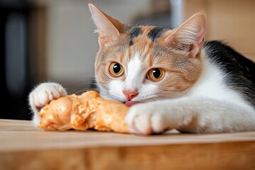 This image features a calico cat licking a piece of raw chicken with wide, curious eyes, showcasing an intimate moment of exploration and satisfaction on a wooden surface.