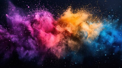 Naklejka premium Multicolored rainbow powder paint explosion background, Holi on dark background, abstract background