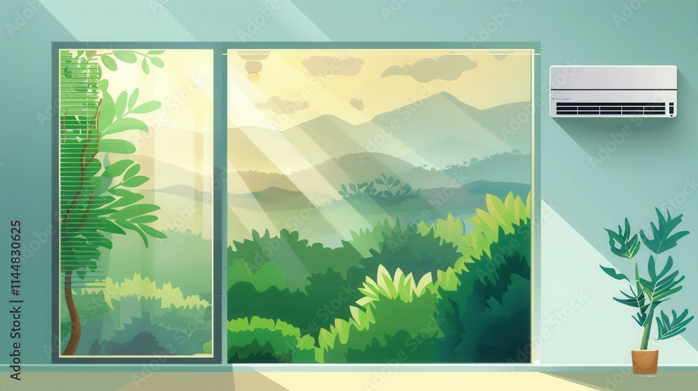 Poster air conditioner mounted on the wall next to an open window revealing a scenic view of nature during 