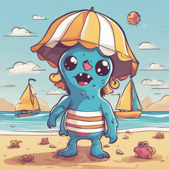 cute monster background illustration on the beach