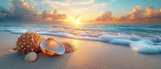 Serene beach scene with shells at sunset, evoking tranquility.