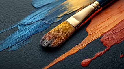 Fototapeta premium Paint brush strokes of vibrant colors on dark surface.