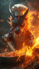  A dragon wearing a chef's hat cooking spaghetti in a pan