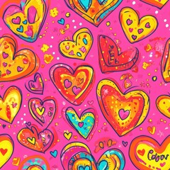Fototapeta premium Seamles pattern with cute doodle hearts on pink background. Vector illustration for wrapping paper, decor, cards, backgrounds on Valentine's Day. Print design textile for kids fashion