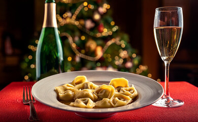 Tortellini in broth in a Christmas atmosphere