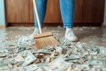 A person in casual clothing energetically sweeps a floor scattered with money, reflecting themes of wealth management, abundance, or financial carelessness.