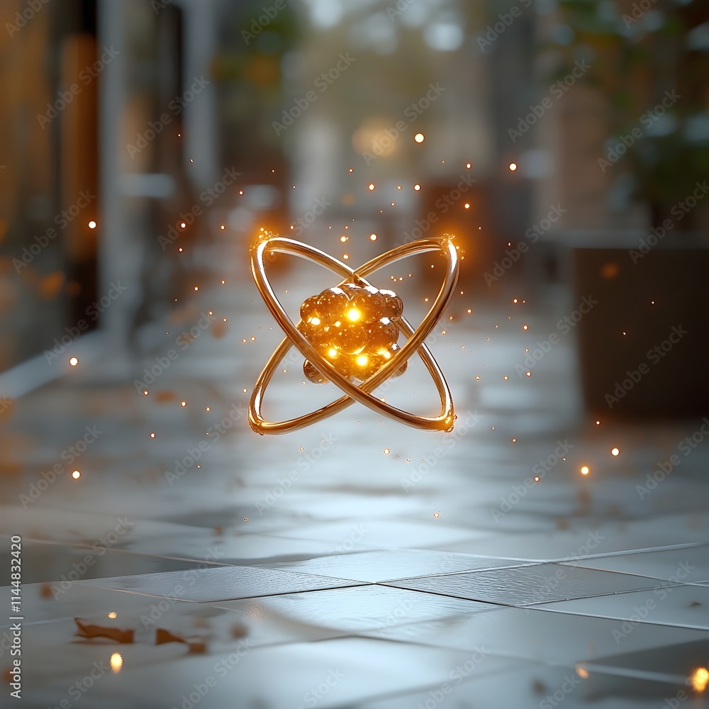 Poster highly detailed 3d representation of a technetium atom showcasing its precise electron shell structu