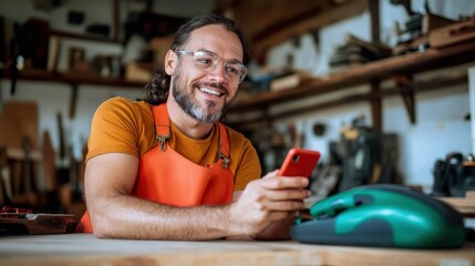 An industrious carpenter with glasses smiles while holding a smartphone in a workshop full of gadgets, showcasing dedication and modern craftsmanship techniques.
