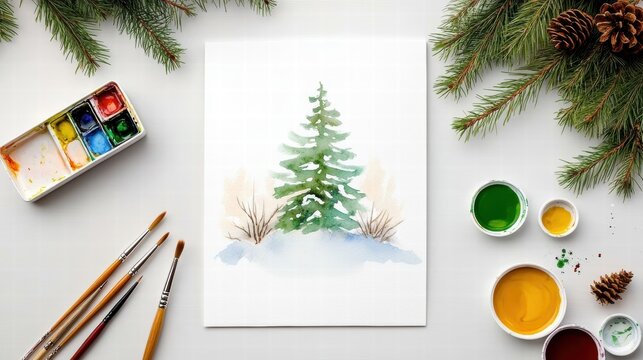 A serene watercolor painting of a singular pine tree, surrounded by winter foliage and vivid hues, capturing the tranquility of nature in wintertime.