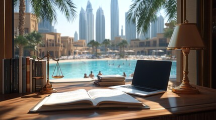 Fototapeta premium Desk with laptop, books, scales, overlooking luxury resort pool and city skyline.