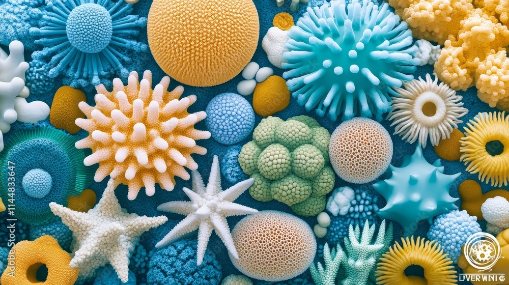 Poster microscopic world a vivid display of diverse cellular structures and life forms on blue