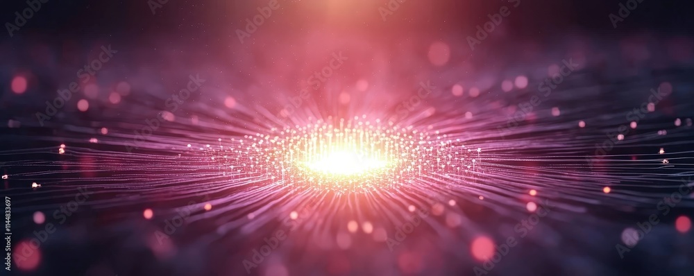 Poster radiating light beams from fiber optic junctions high-tech laboratory abstract visualization dark en