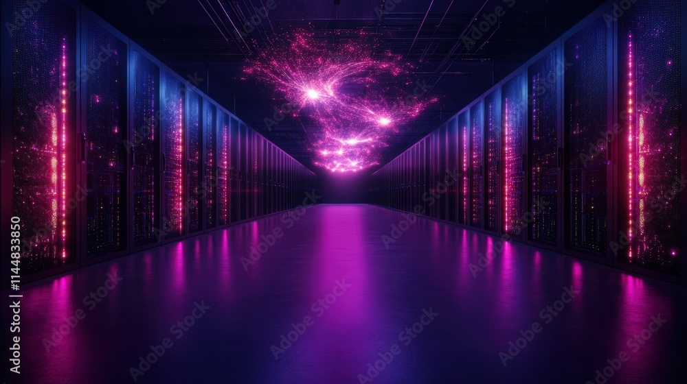 Poster massive data hubs illuminated by glowing fiber optic systems data center digital environment futuris