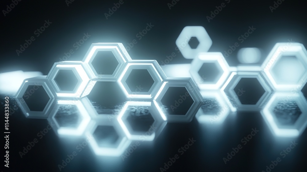 Poster glowing blockchain pattern forming hexagonal shapes displayed on reflective dark surface under brigh