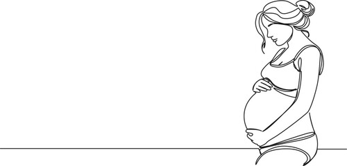 continuous line drawing of pregnant woman with holding her belly, line art vector illustration