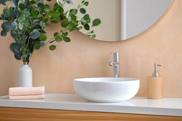 Fototapeta premium A contemporary bathroom features a sleek sink paired with a round mirror and decorative greenery, offering a fresh and modern take on bathroom design aesthetics.
