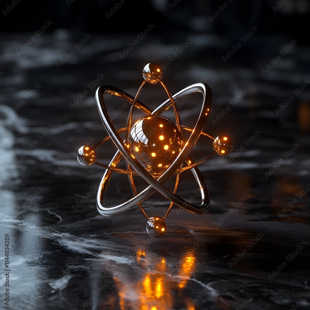 Poster detailed 3d model of a technetium atom highlighting its electron shell structure and role in diagnos