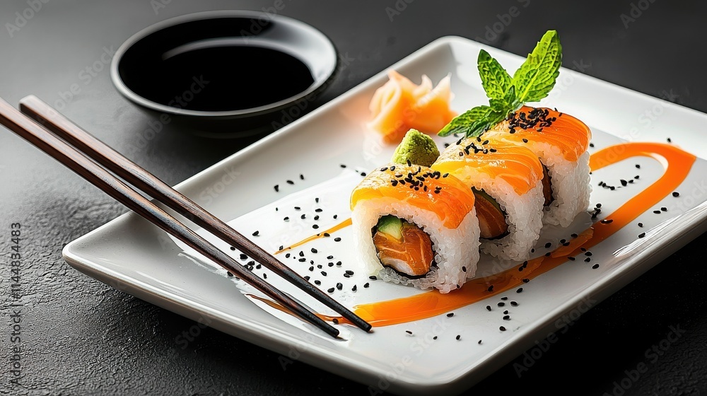 Aufkleber artistic presentation of sushi rolls with chopsticks in a modern dining setting food photography ele