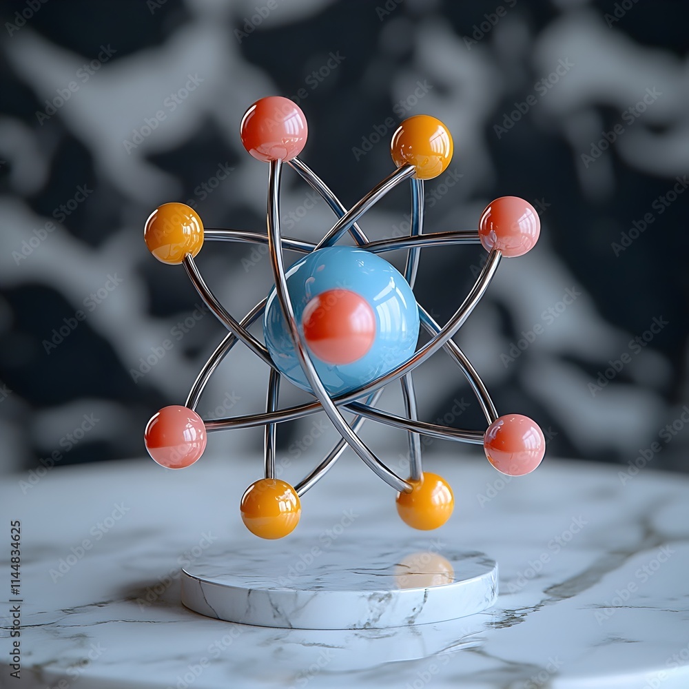 Poster highly detailed 3d rendering of a technetium atom showcasing its electron shell structure and highli