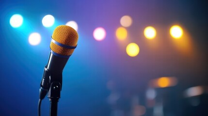 A vibrant image of a microphone on a stand with colorful lights creating a lively environment,...