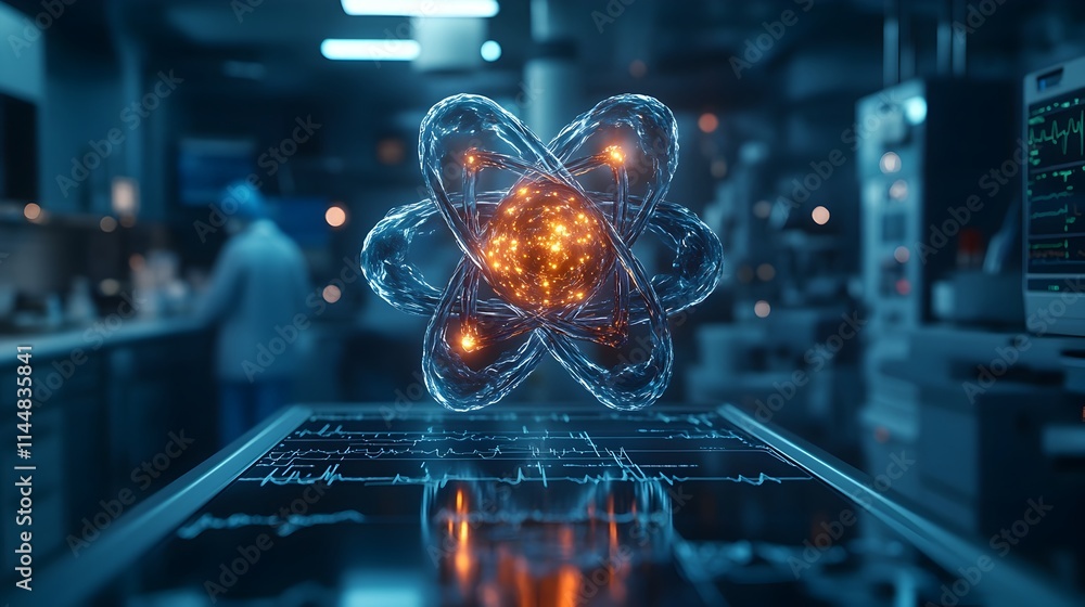 Poster comprehensive 3d representation of a technetium atom demonstrating its electron shell structure and 