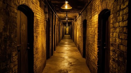 Fototapeta premium Lit corridor with brick walls and doors.