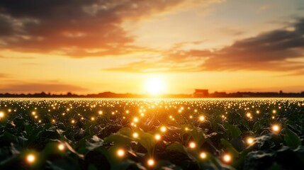 Innovative smart farm utilizes fiber optic networks for efficiency rural landscape agricultural technology sunset view