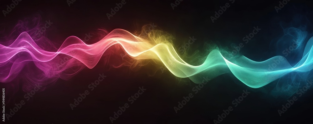 Poster dynamic waves of colorful light representing data transmission digital realm abstract art dark backg