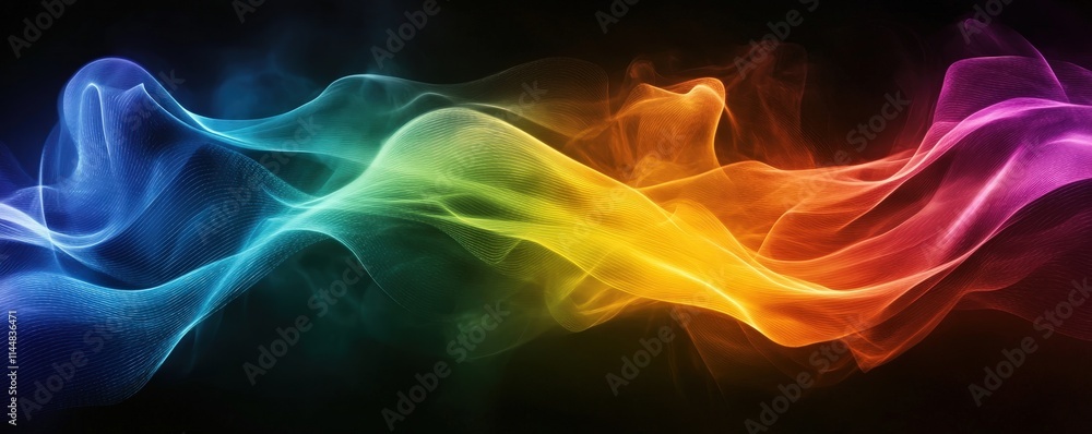 Poster dynamic abstract waves of colorful light representing data flow digital art black background vibrant
