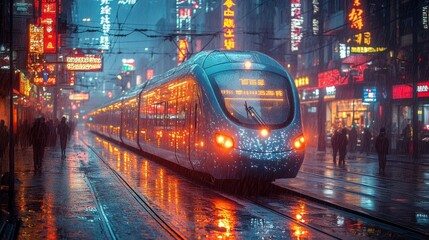 Fototapeta premium A futuristic train in a vibrant, rainy urban setting.