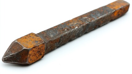 Rusty, pointed metal tool, likely a chisel or similar implement, with a slightly tapered, aged appearance..