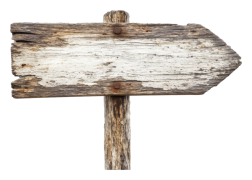 Old wooden directional sign isolated on transparent background, rustic navigation concept