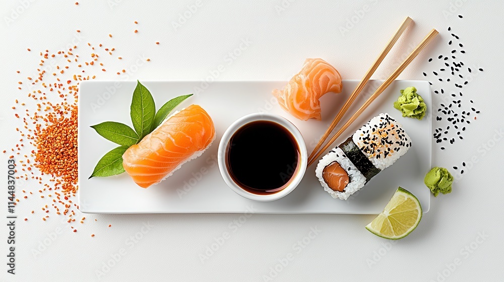 Poster savoring fresh sushi platter with soy sauce and ginger on a white board culinary delight modern kitc