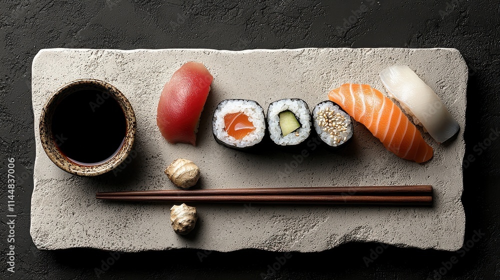 Poster Assemble fresh sushi platter with soy sauce and ginger in a rustic setting for a culinary experience