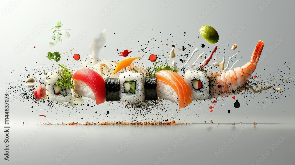 Poster creating exquisite fresh sushi rolls culinary arts studio food photography minimalist setting top-do