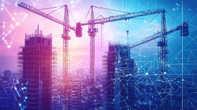 Cranes at construction site with network overlay.