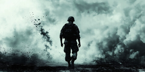Obraz premium Silhouette of Soldier Walking Through Smoky Battlefield