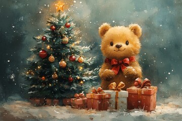 Cute bear and Christmas tree, watercolor illustration, winter card