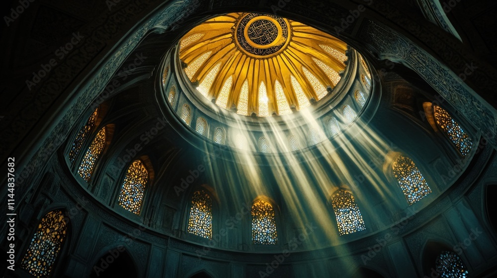 Poster light streams through a golden domed ceiling with stained windows.